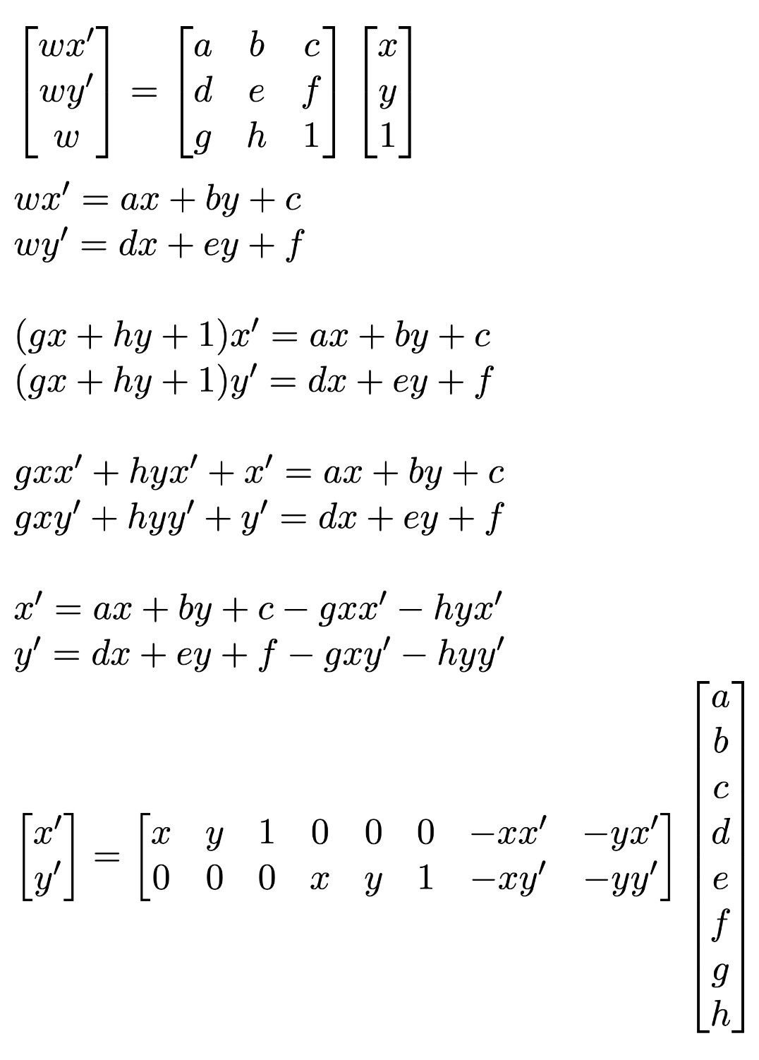 Derivation of homography equations