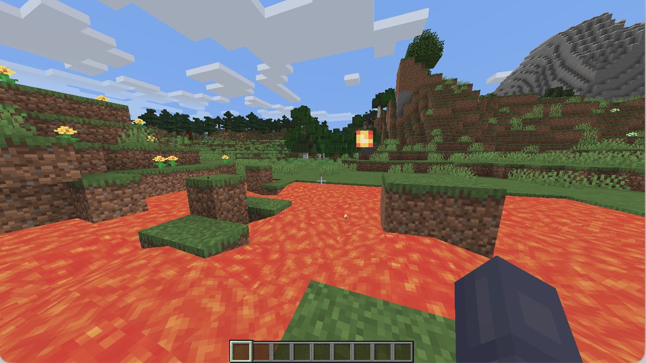 The lava escape challenge in Minecraft: the agent stands in a lake of lava